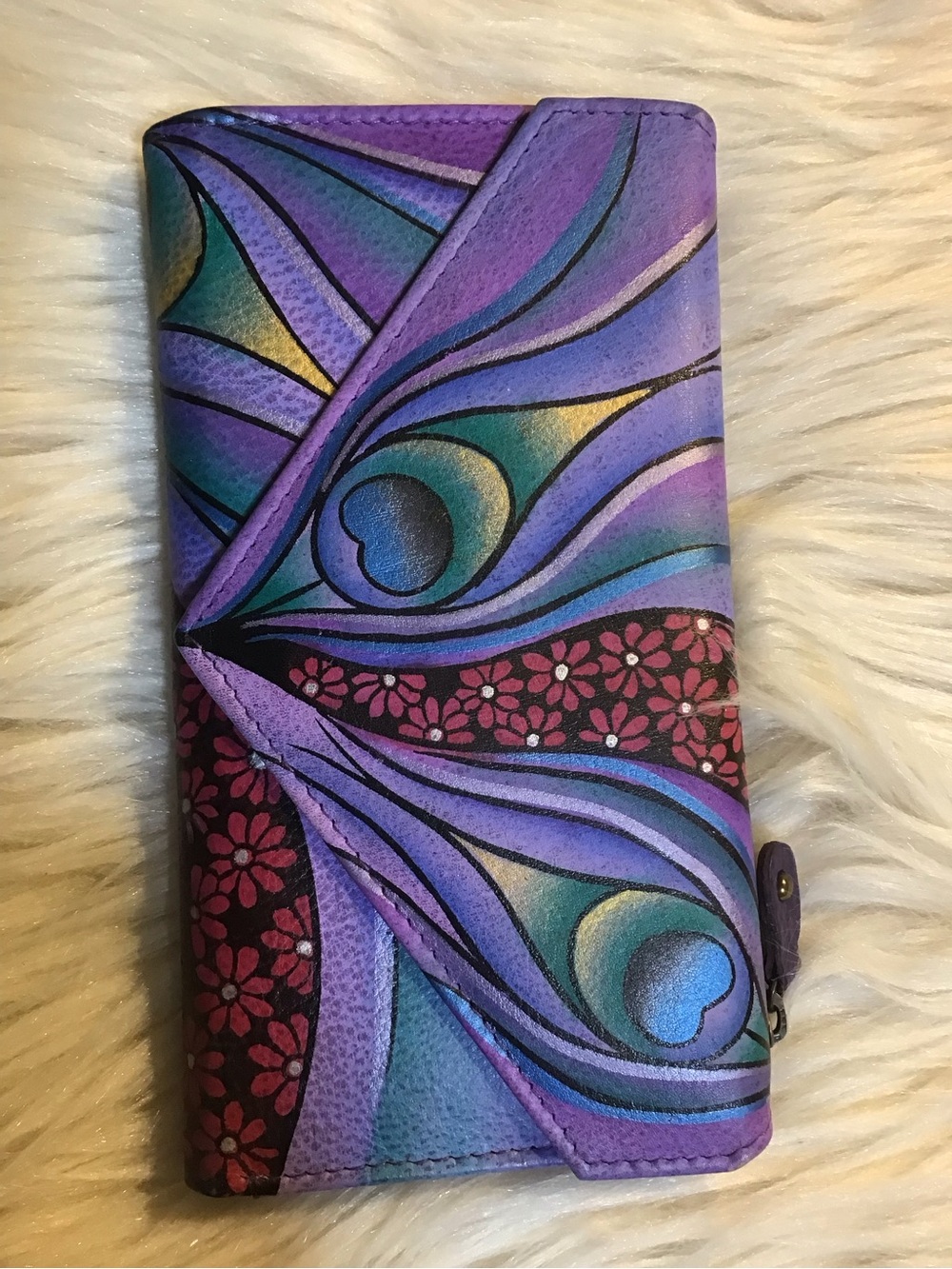ANUSCHKA leather peacock feather painted wallet